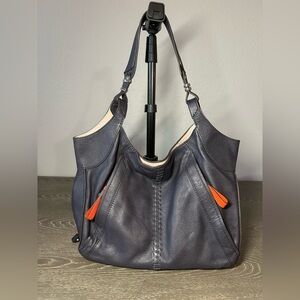 OrYANY Bianca Leather Shoulder Bag - Navy Blue/blush pink trim and pop of orange